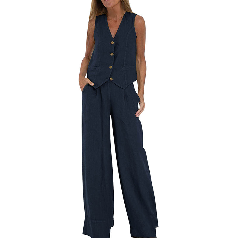 Dvodijelni ženski set: laneni prsluk i široke hlače