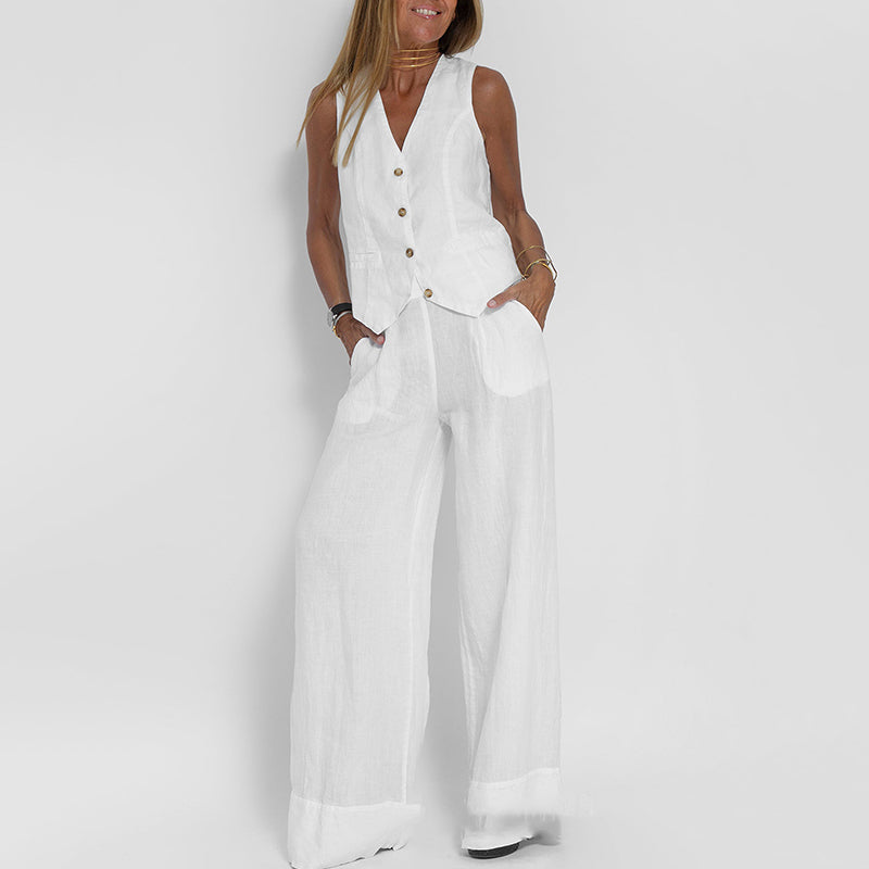 Dvodijelni ženski set: laneni prsluk i široke hlače