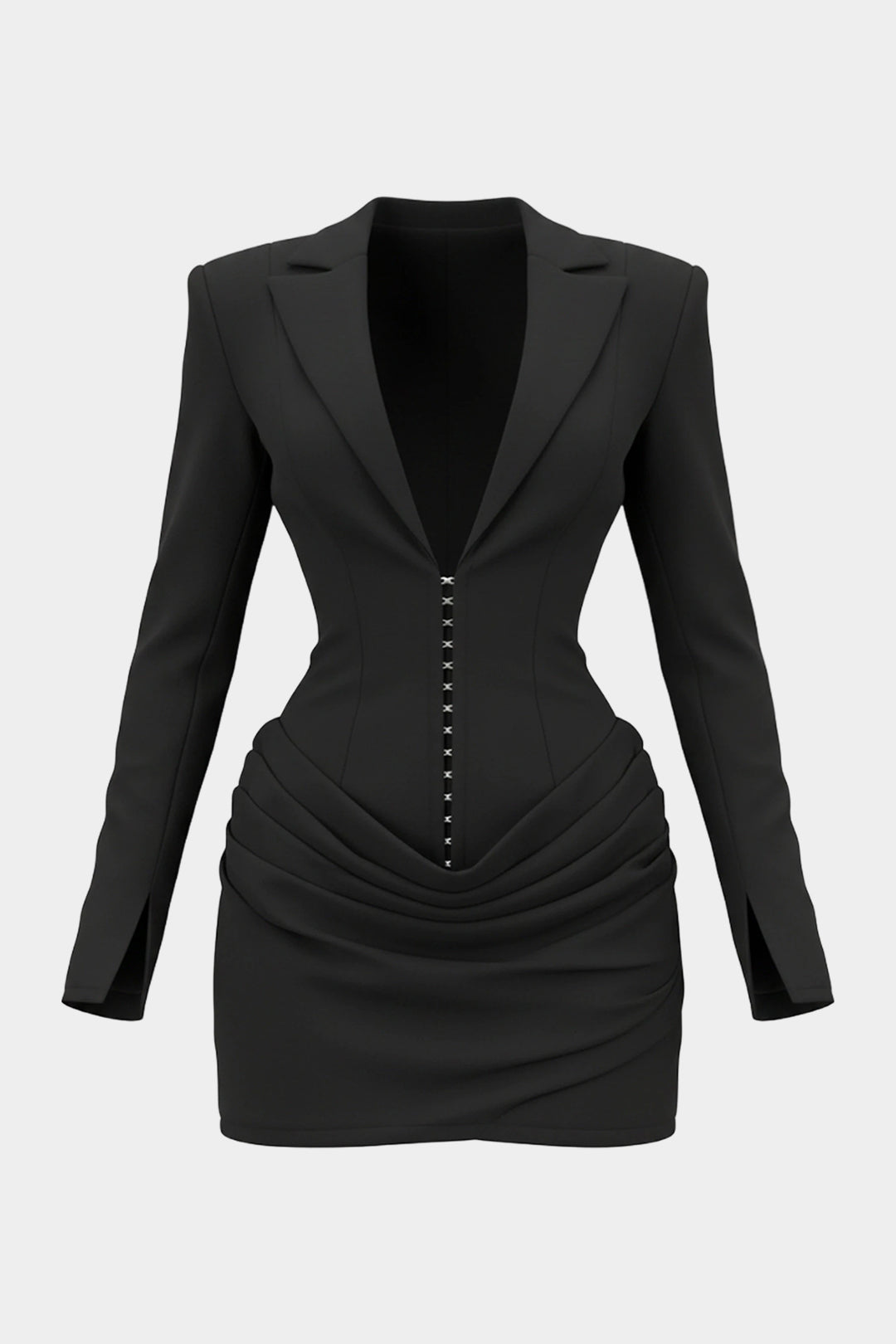 Duboki V-Izrez Strukirajuća Nabranog Mini Haljina s Dugim Rukavima