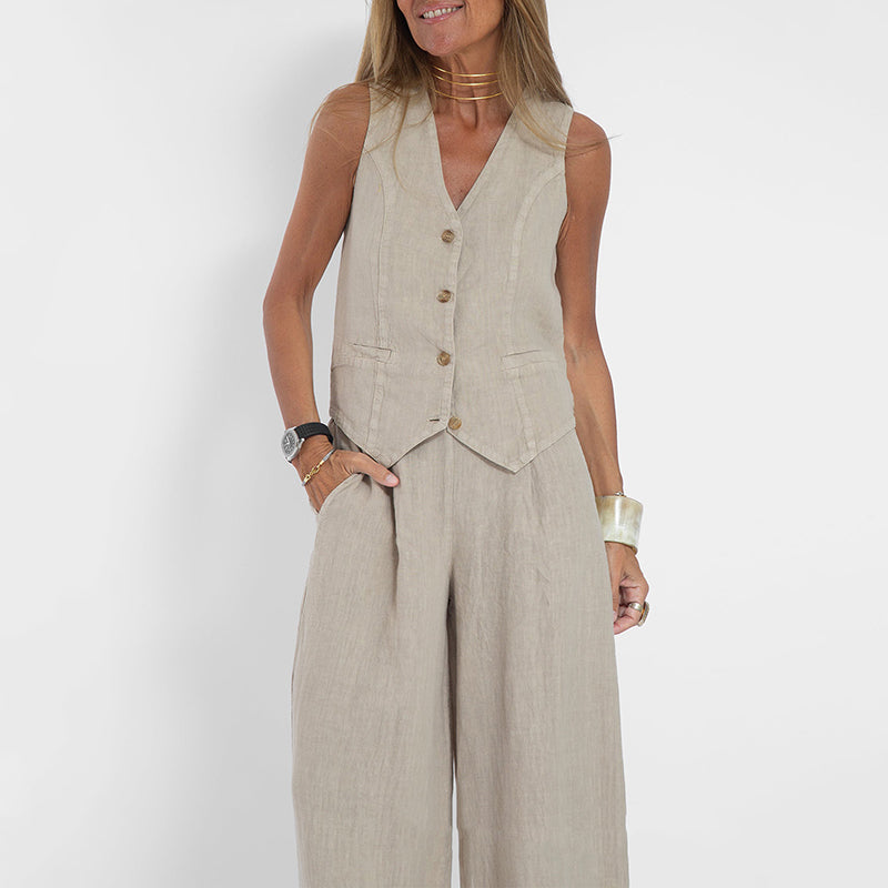 Dvodijelni ženski set: laneni prsluk i široke hlače